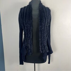 Neiman Marcus Navy Rabbit Fur detailed ribbed cardigan size medium